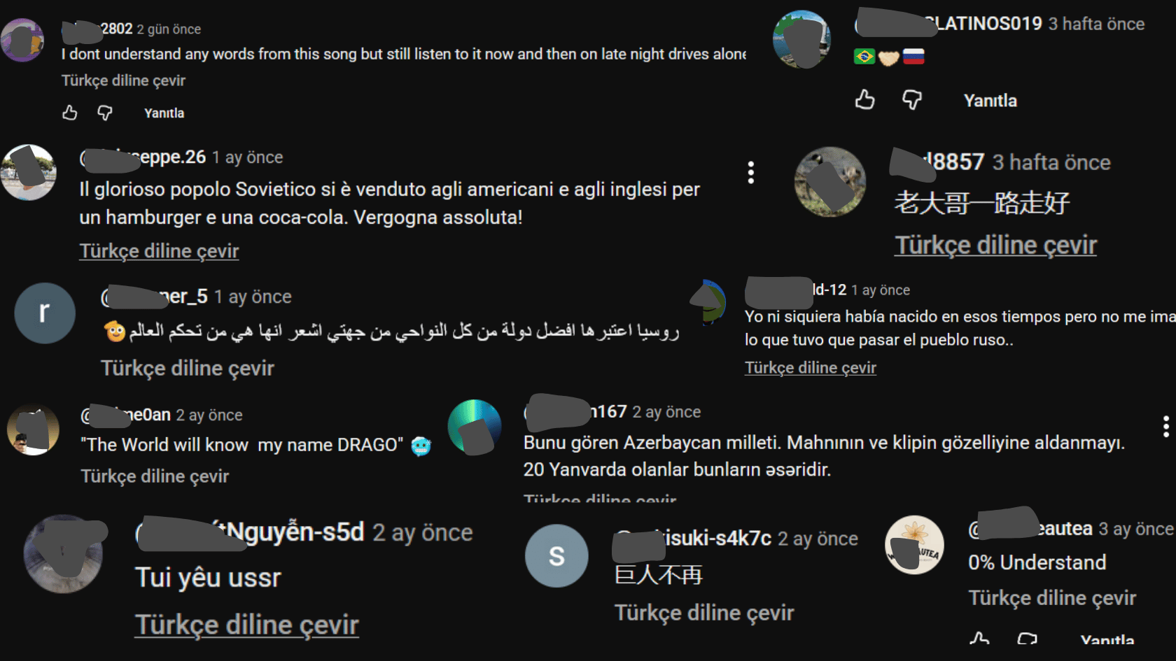 Bu rus şarkısına gelen örnek yorumların ekran görüntüsü