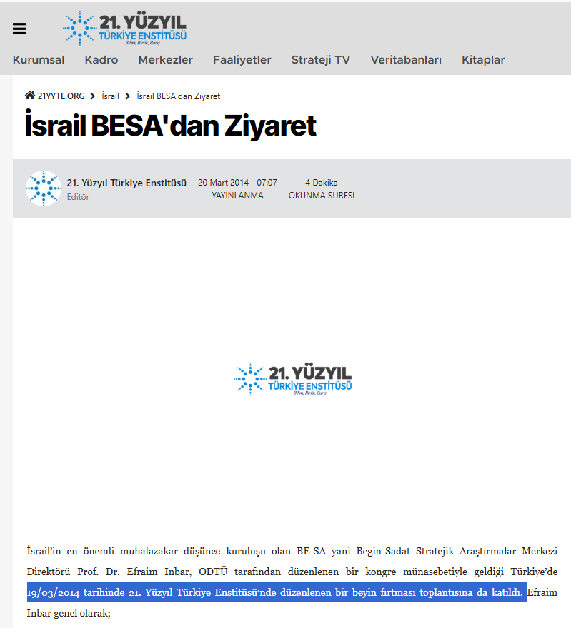 21. Yüzyıl Türkiye Enstitüsü Efraim İnbar ziyareti