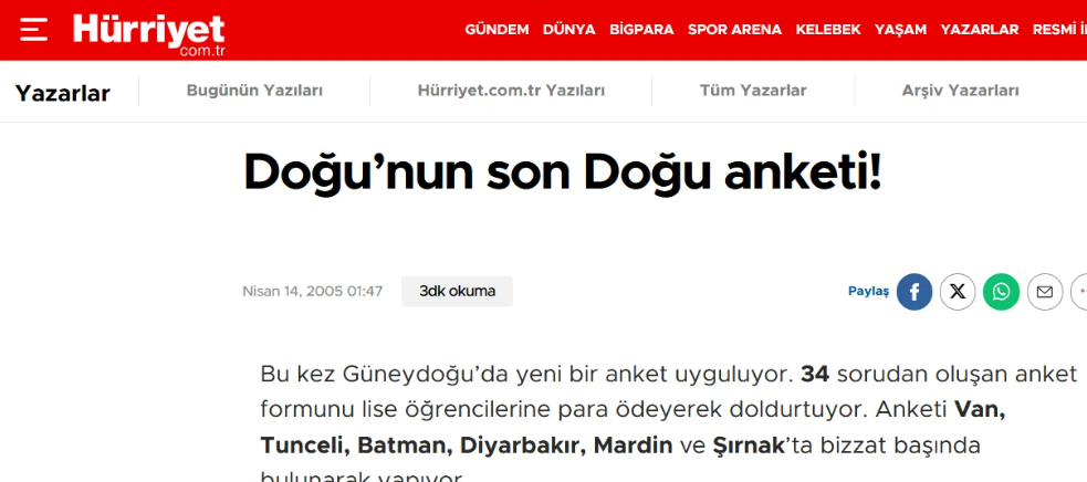 Doğu Ergil'in Doğu Anadolu anketine dair haber görseli