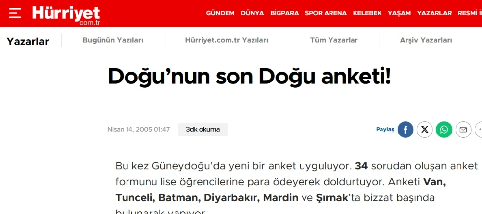 Doğu Ergil'in Doğu Anadolu anketine dair haber görseli