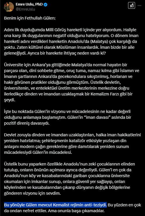 Emre Uslu'nun Fethullah Gülen ile ilgili paylaştığı gönderi