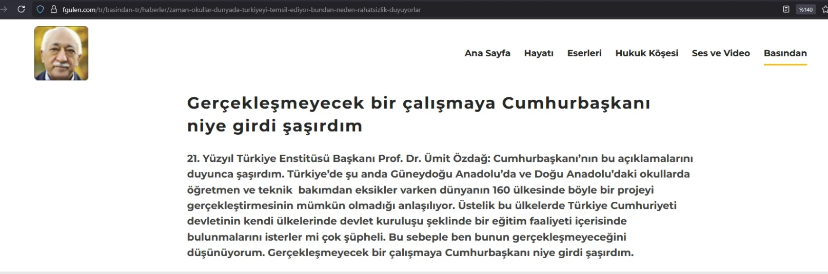 Fethullah Gülen sitesinde yayımlanan Ümit Özdağ açıklaması