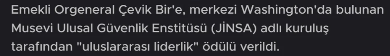 Çevik Bir'e JINSA tarafından verilen uluslararası liderlik ödülü haberi