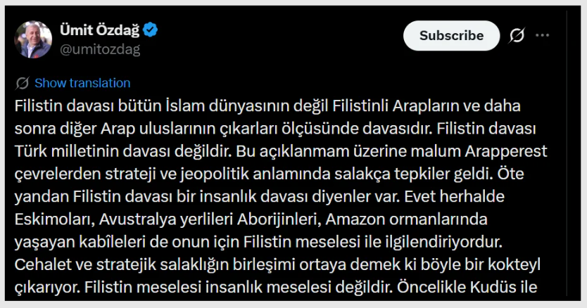 Ümit Özdağ'ın Filistin hakkındaki paylaşımı