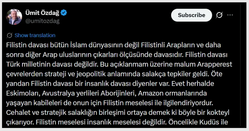 Ümit Özdağ'ın Filistin hakkındaki paylaşımı