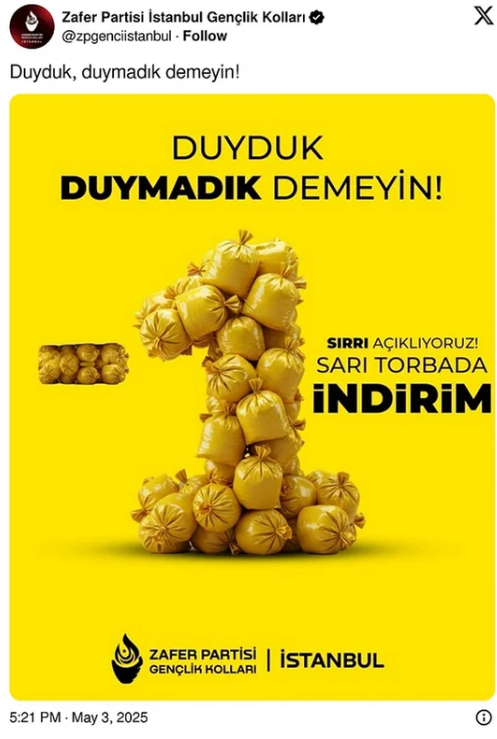 İstanbul Gençlik Kolları Başkanı Ege İşleyen'in sarı torba paylaşımı