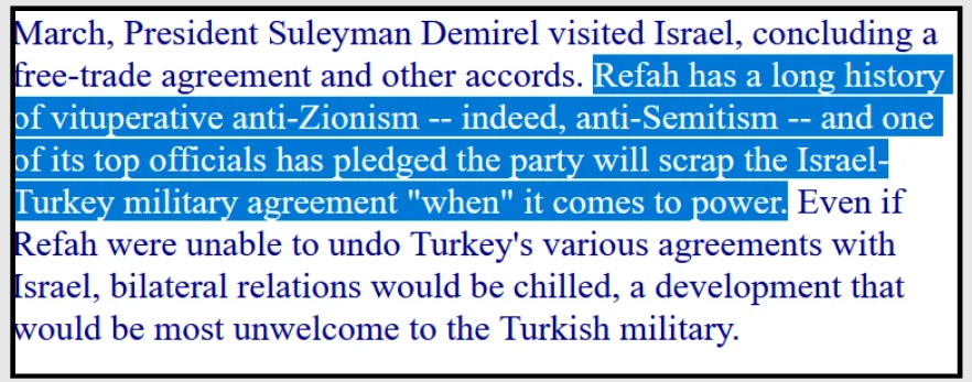 Türkiye ve Refah Problemi makalesinden İsrail anlaşmaları alıntısı
